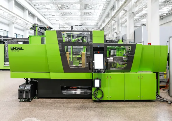 Injection moulding cell with ENGEL victory machine and easix six-axis robot for the fully automated production of thermoplastic composite rotor blades, front view